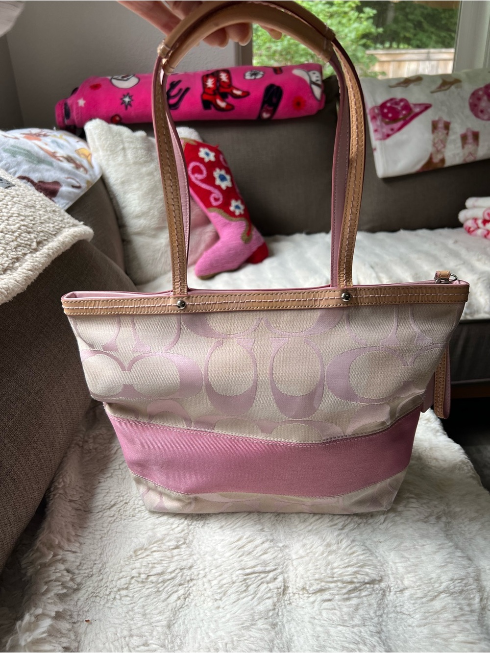 EUC Vintage COACH Signature Stripe Tote Pink and Tan